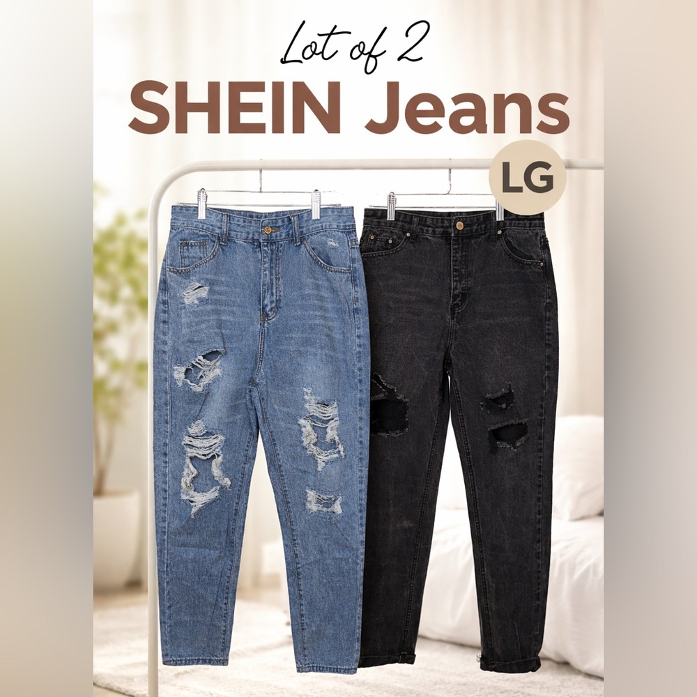 SHEIN Blue and Black Distressed Boyfriend Jeans